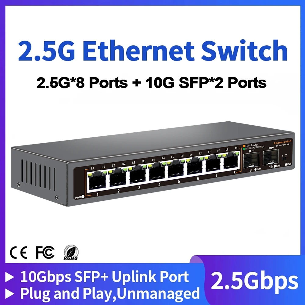 2.5G 8+2 Ports Ethernet Network Switch 2500BASE-TX Switch with 2*10G SFP Port for IP Camera/CCTV Security