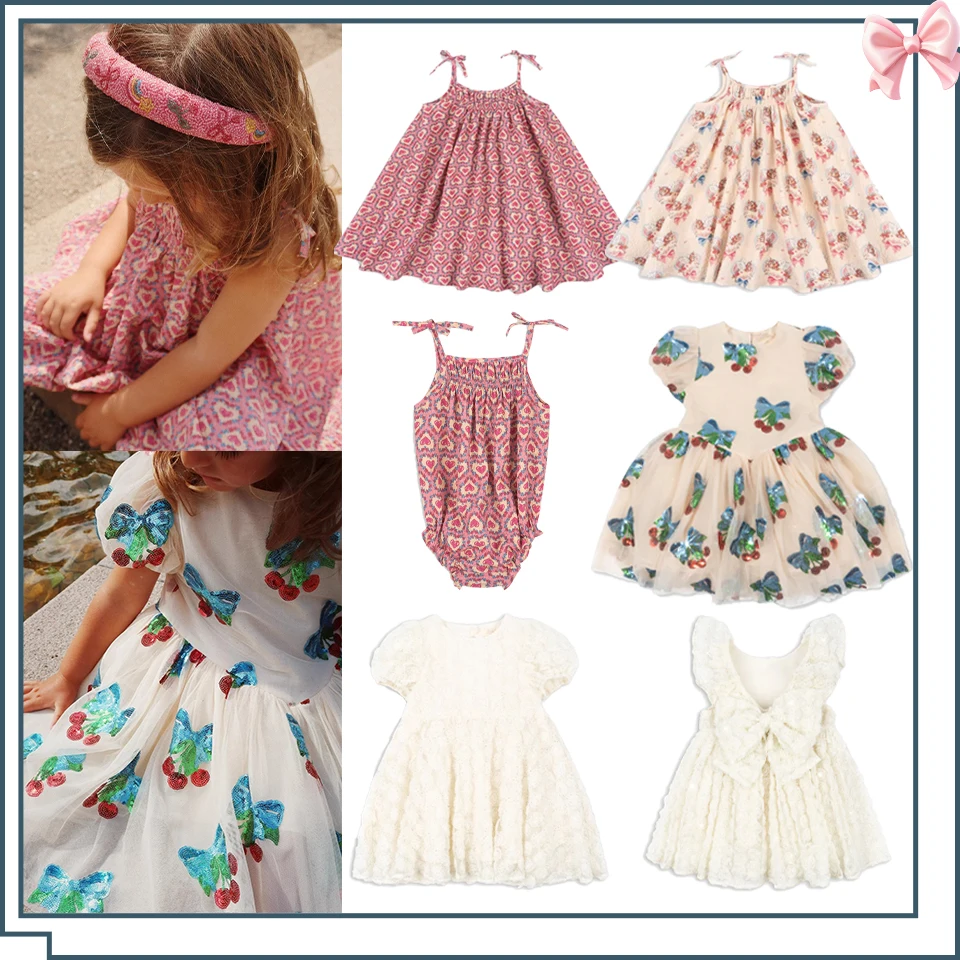 2025 KS Girls Pretty Party Dresses Summer Sequin Bow Puffy Dress Baby Girls Rose Dress Children's Princess Dress Kids Vestidos
