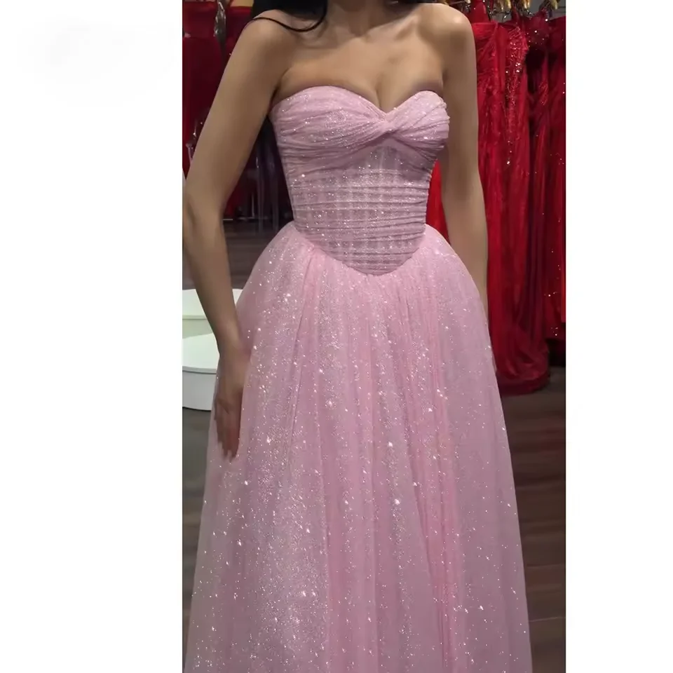 Customized Glitter Tulle Prom Dress Elegant A-Line Sweetheart Sleeveless Graduation Party Dress Lace Up Evening Dress for women