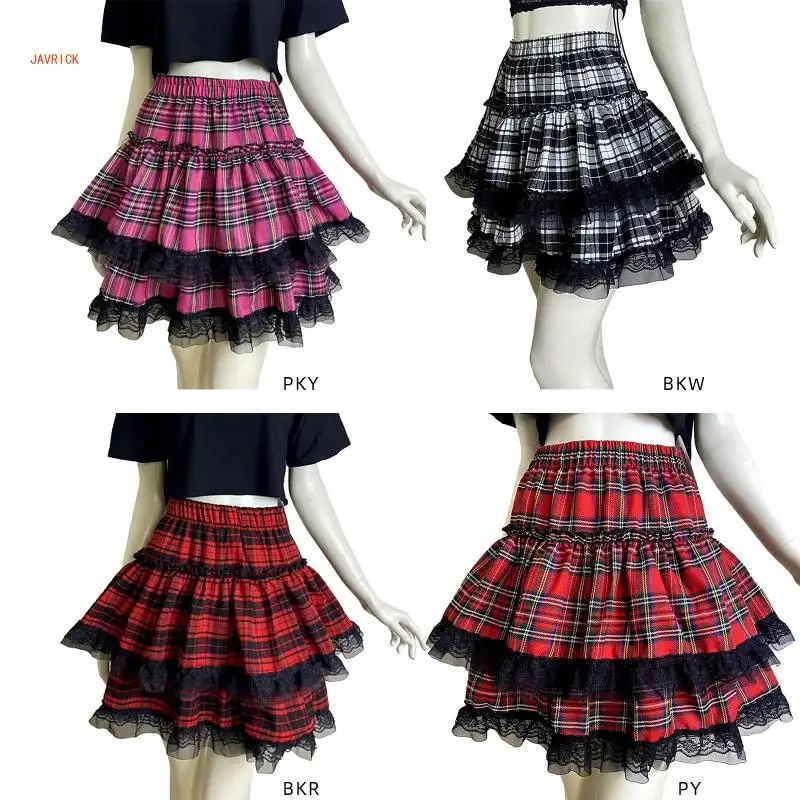 Women Sweet Layered Lace Trim Cake Skirt Double Tiered JK Gothic Checkered Elastic High Waist Mini Skirt