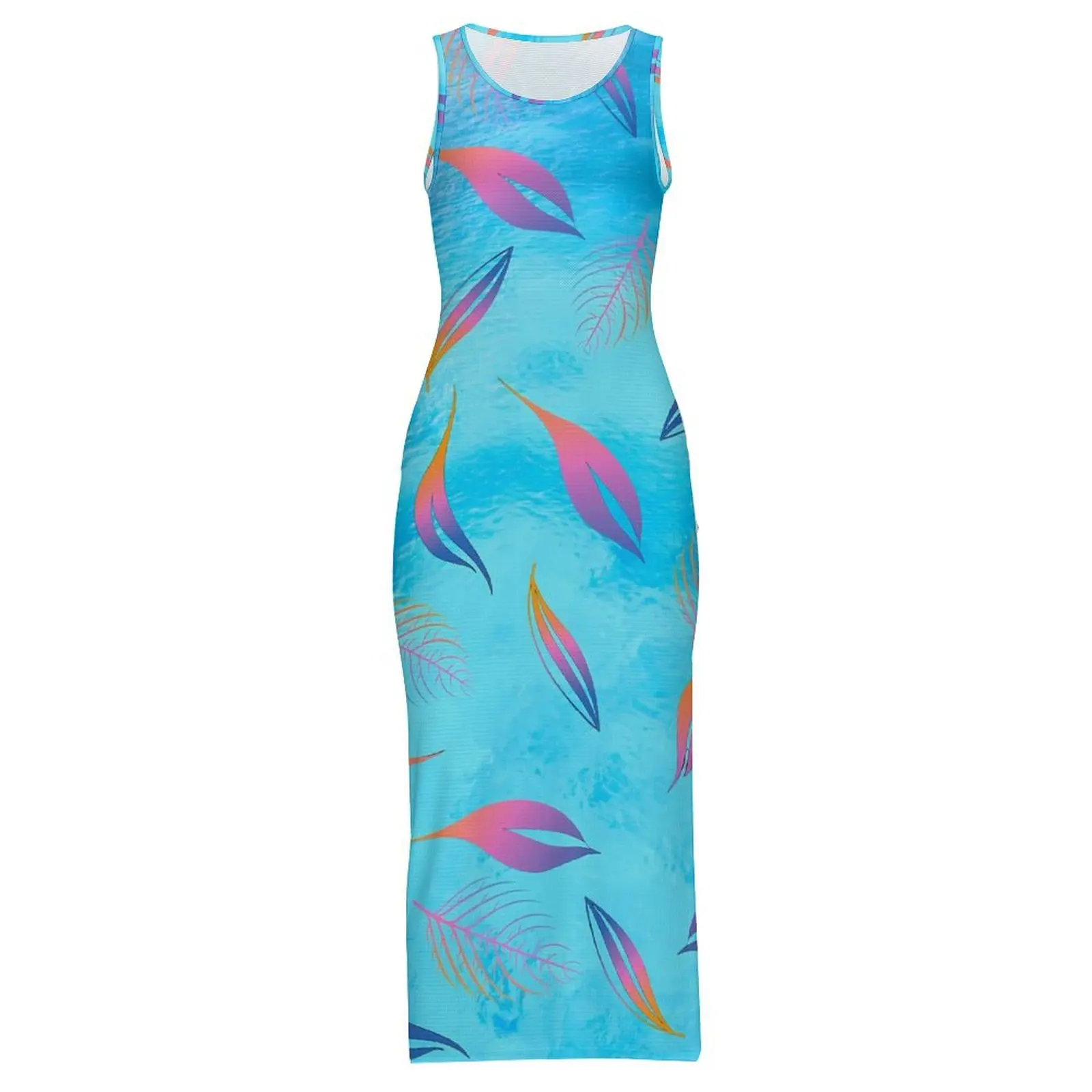 Femme robe feuille colorée bleu et rose mode robe moulante vacances sans manches mignon Maxi robes graphique vêtements surdimensionnés