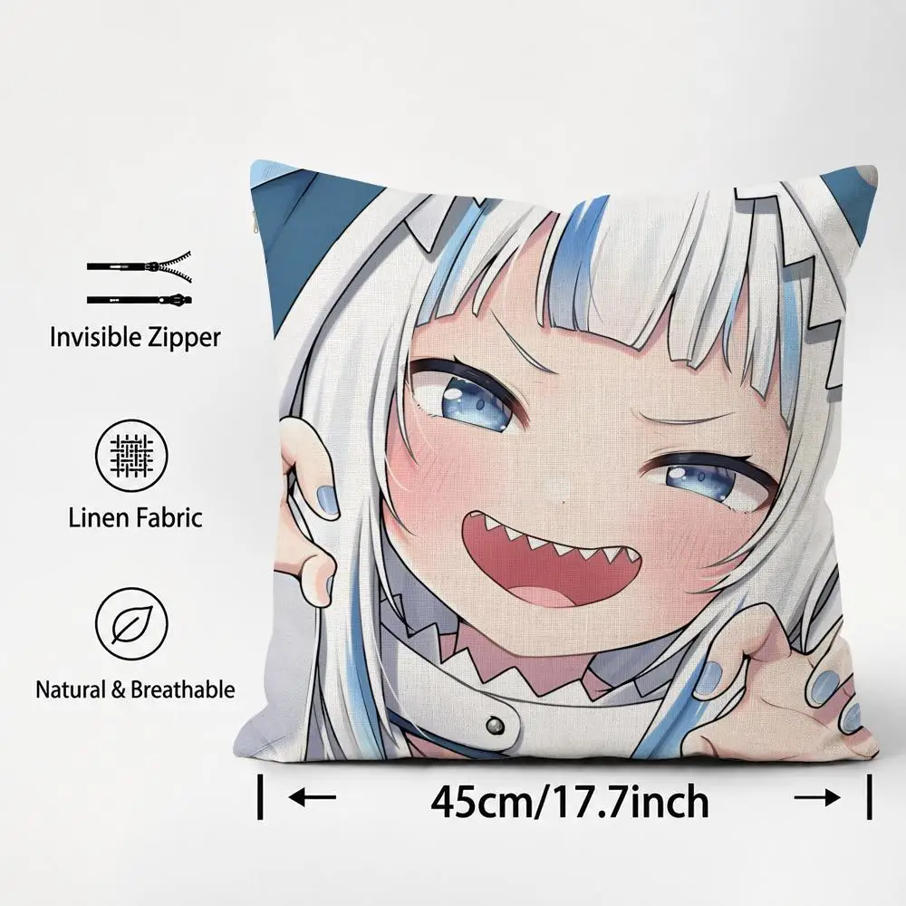 Vtuber Gawr Gura Cushion Cover Cushion Covers Natural Linen Breathable Sofa Bedroom Decor Pillowcase