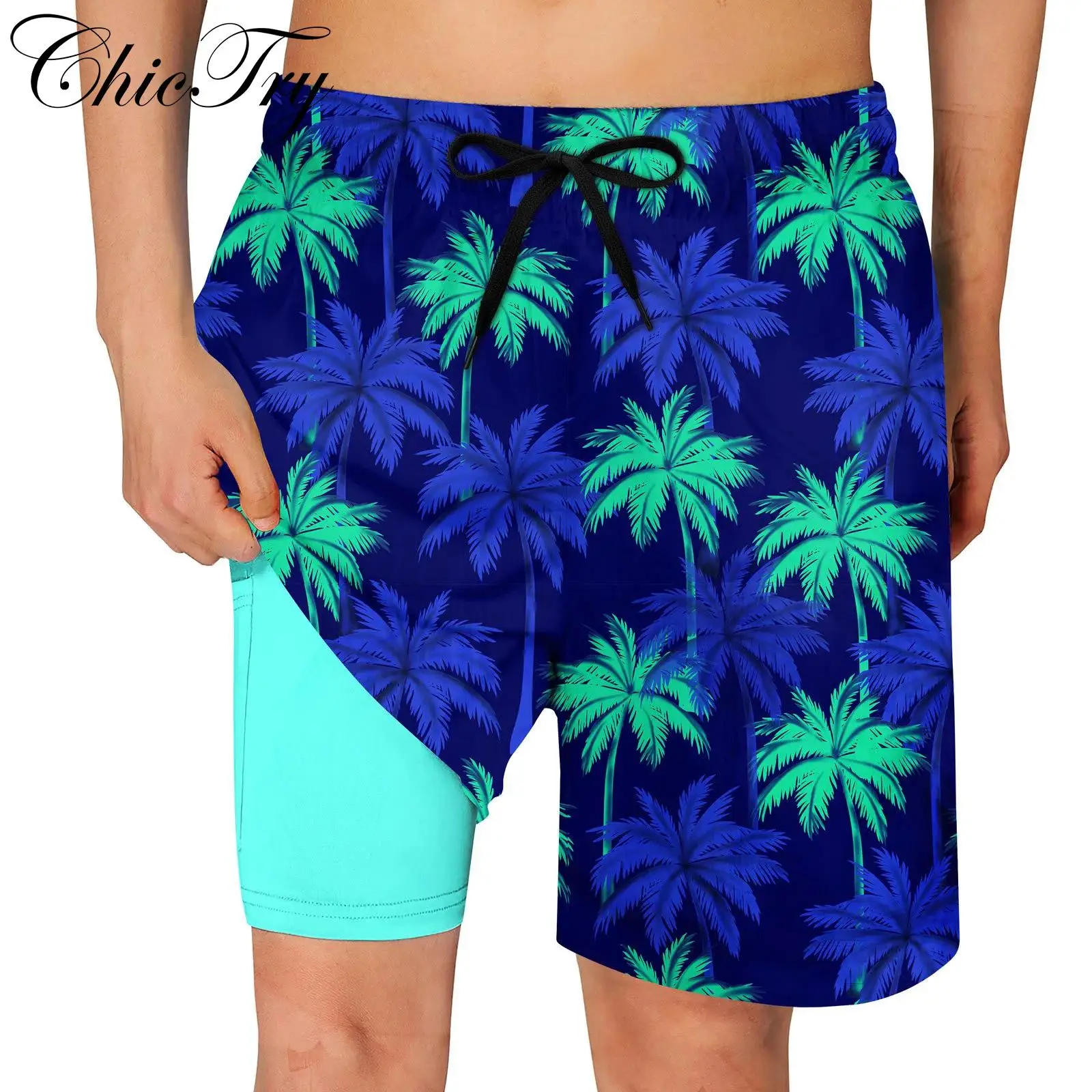 

Mens Swim Boxer Shorts Swimwear Bottoms Drawstrings 2 in 1 Swim Trunk Double Layers Tropical Print Beach Shorts Casual Shorts