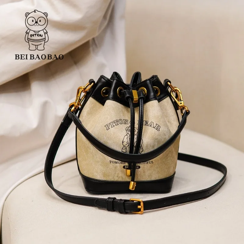 Drawstring Bucket Bag 2024 New Trend Women's Bag Canvas PU Bear Pattern Design Casual Fashionable Single Shoulder Crossbody Bag