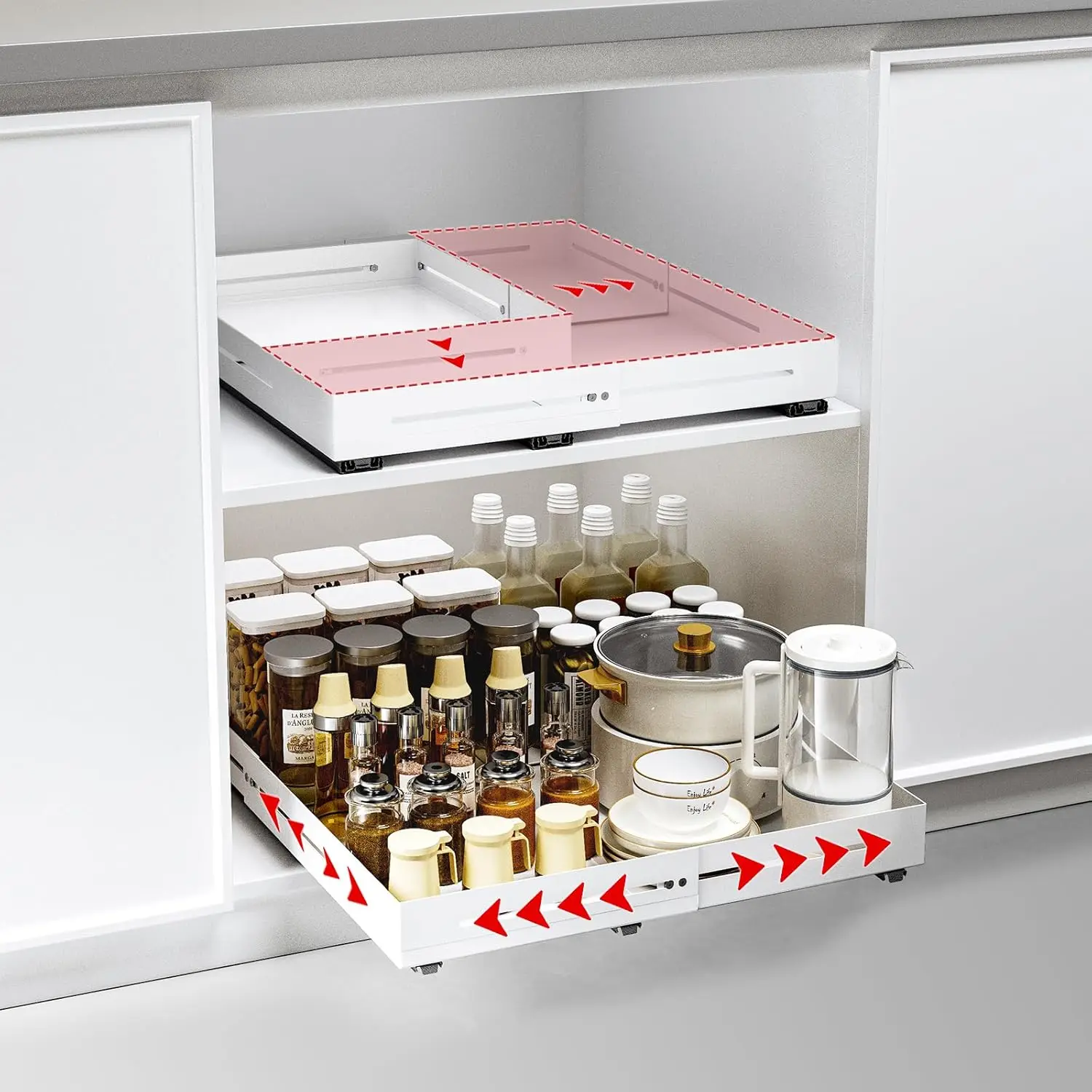 

Adjustable Pull-out Cabinet Organizer, 3 Silent Slides, 2 Support Pulleys, White, Easy Assembly