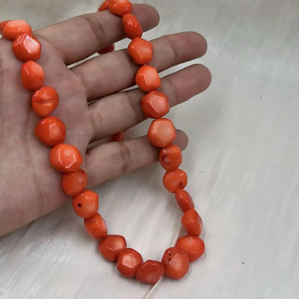 11--13mm Women Men Flat Hexagon Shape Natural Sea Bamboo Orange Coral Bracelet  Unisex Necklace
