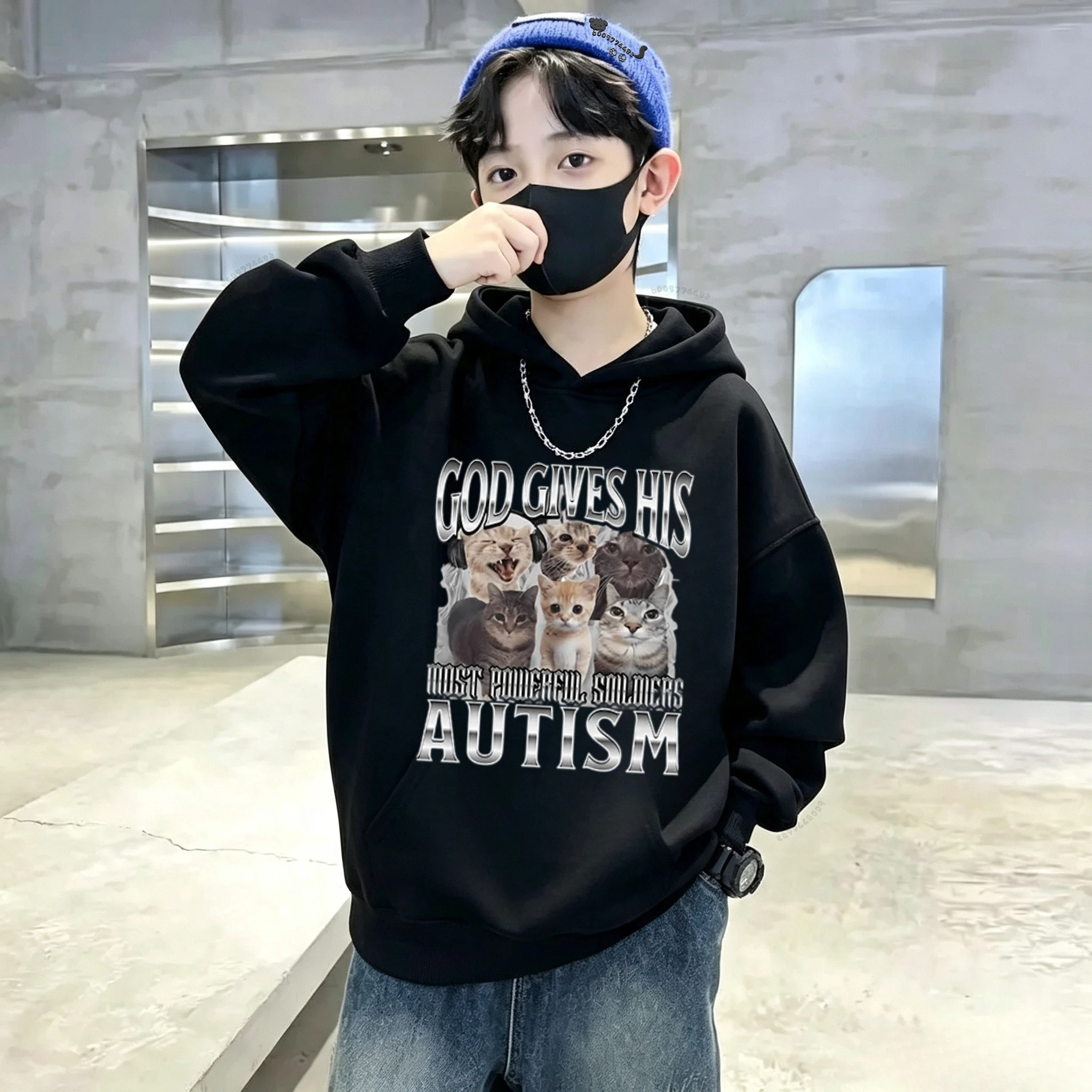 Autumn and Winter Autism Cat Cartoon Children's Hooded Sweatshirt for Fashionish Harajuku Boys and Girls Warm Pullover Sweater