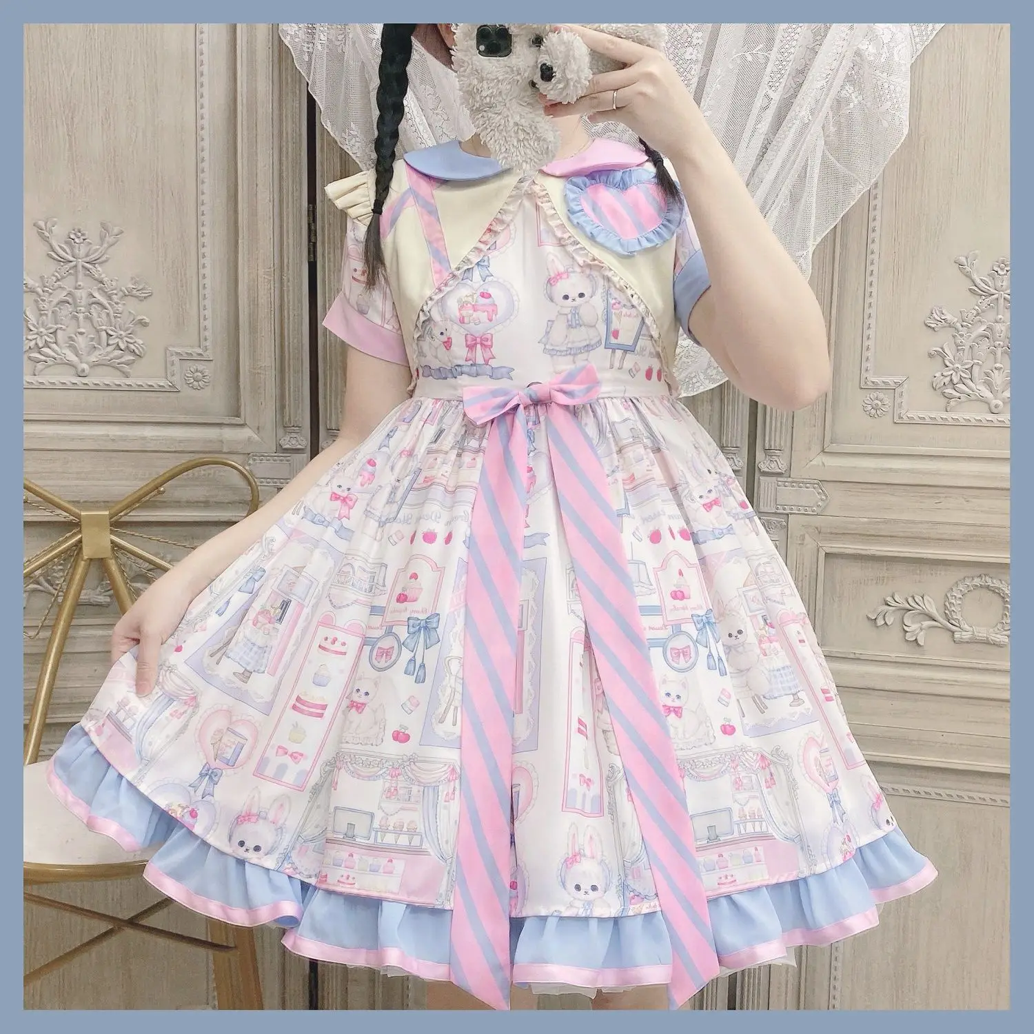 

Coalfell【 Miss Rabbit OP 】 Original Lolita Dress Cute and Sweet Little High Waist Short Sleeve Skirt for Girls
