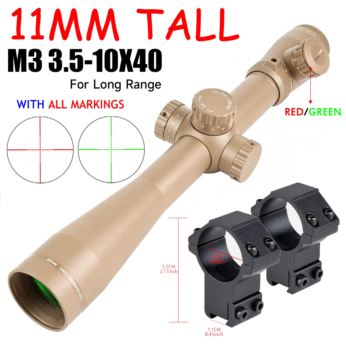 LEU**LD M3 3.5-10X40 Scope Long Red and Green Cross Line Adjustable Sight Tactical Reflex Sight Optics Hunting for 11mm/20mm image 3