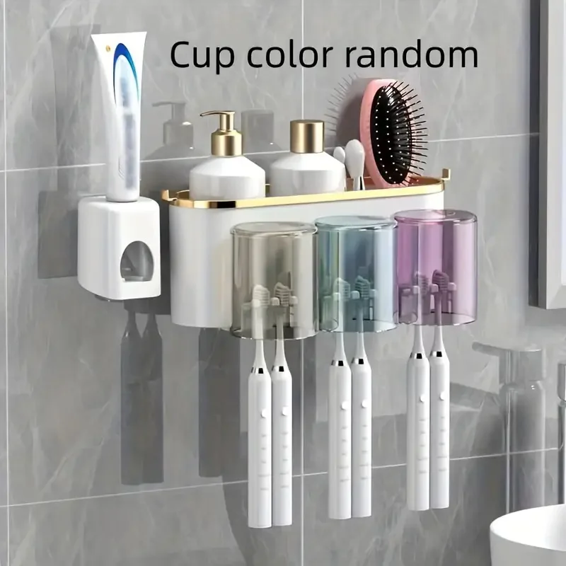 1 Set Multifunctional Toothbrush Rack and Mug Holder Wall Mounted Toothpaste and Mouthwash Storage with Toothpaste Squeezer