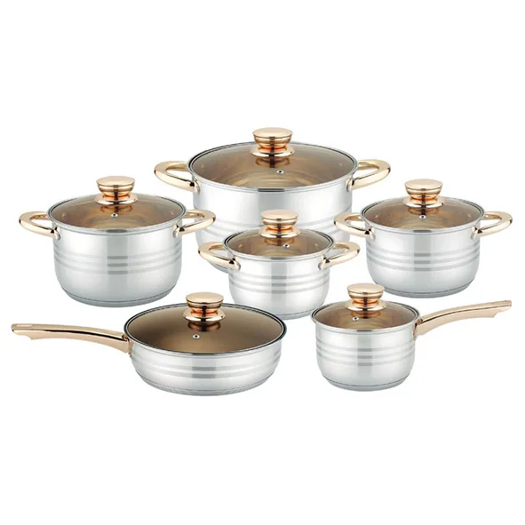 

12pcs Stainless Steel Cooking Pot and Pan Set with Golden Handle Multiple Sizes Available Induction Base Cookware Set