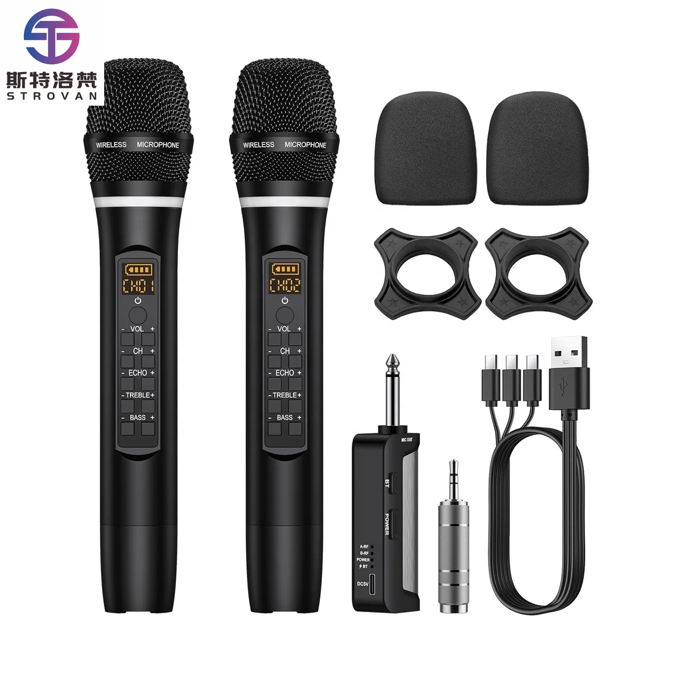 Sistem Mikrofon Karaoke Dinamis Genggam Ganda UHF Isi Ulang Nirkabel dengan Kontrol Treble Bass