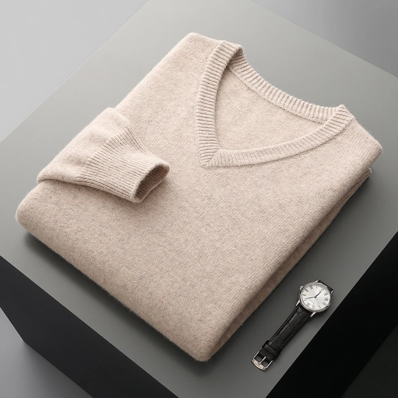 New Men Thick V-neck Wool Sweater Autumn Winter Long Sleeve Smart Casual Pullover 100% Merino Wool Knitwear Cashmere Jumper Tops