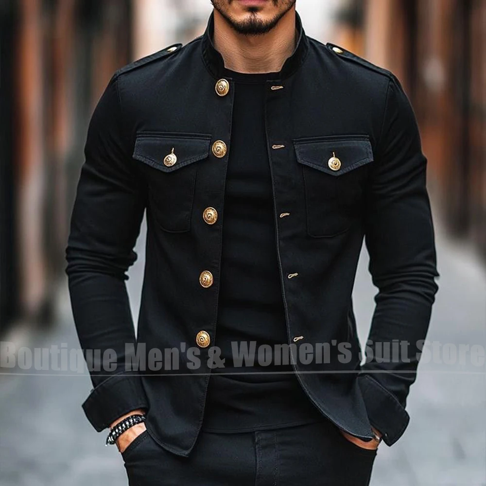 Chic Men Stand Collar Suit 2 Piece Gold Buttons Multi Pockets Jacket Trouser Wedding Party Fashion Business Casual Outfit