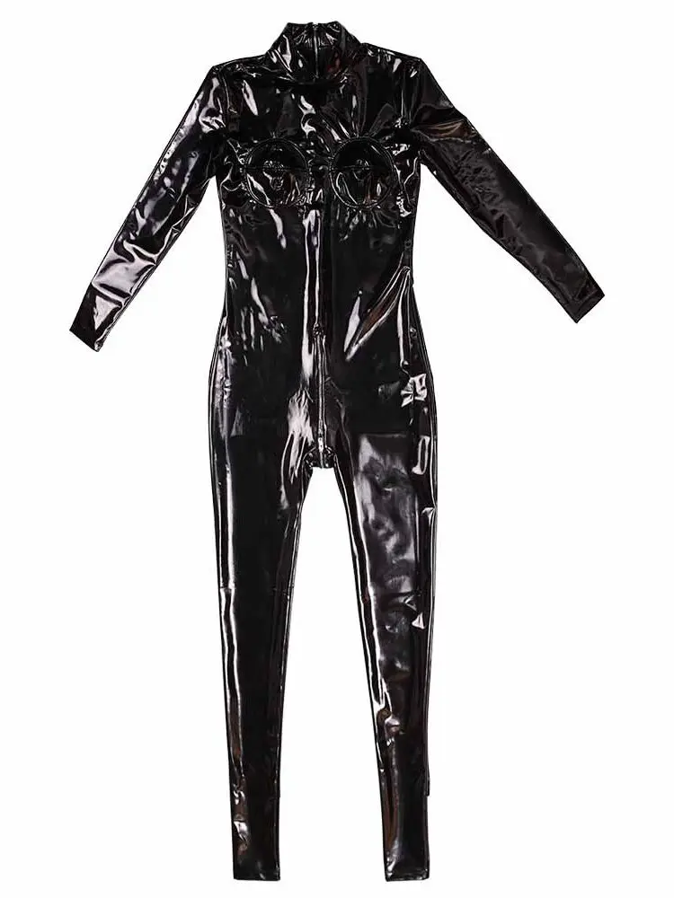 

Wet Look PVC Catsuit 3D Shaped Breast Sexy Cosplay Jumpsuit Double Zipper Open Crotch Bodysuit Shiny PU Leather Leotard Unitard