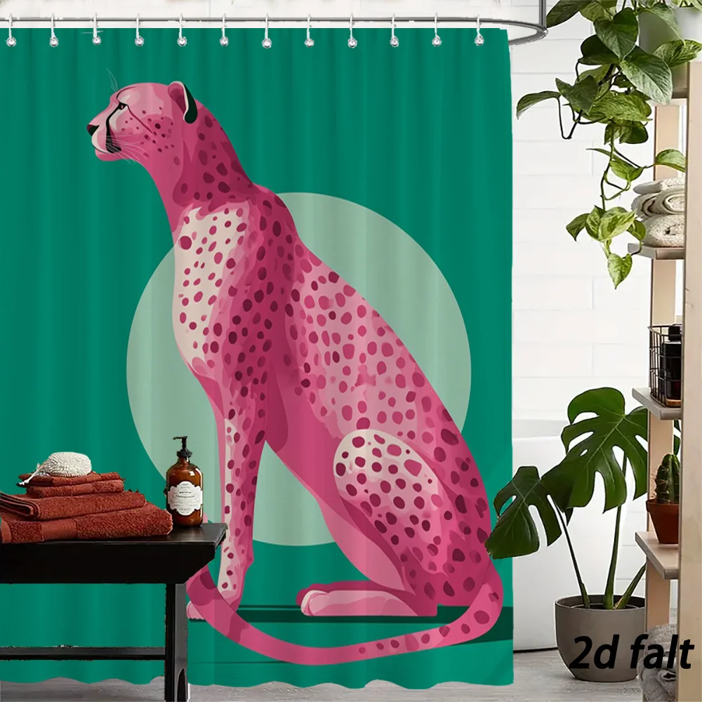 Pink Cheetah Shower Curtain – Stylized Illustration on Emerald Green, Geometric Circle Background, 12 Hooks, 70.87×70.87 inch