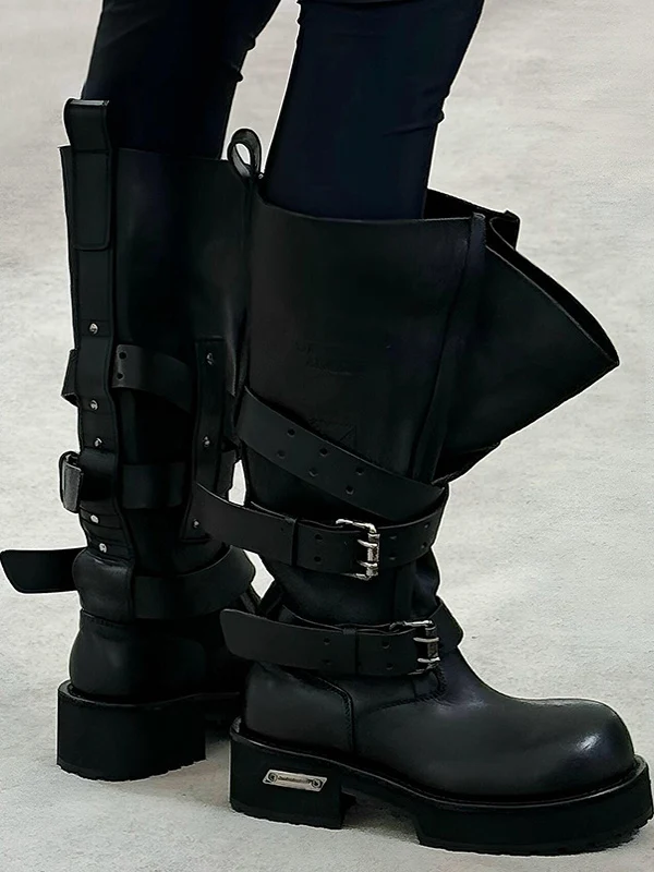 Unisex Retro Motorcycle  Boots Dark Workwear Boots Fashion Boots Belt Buckle Mid-Calf round Toe Thickened Rubber Sole