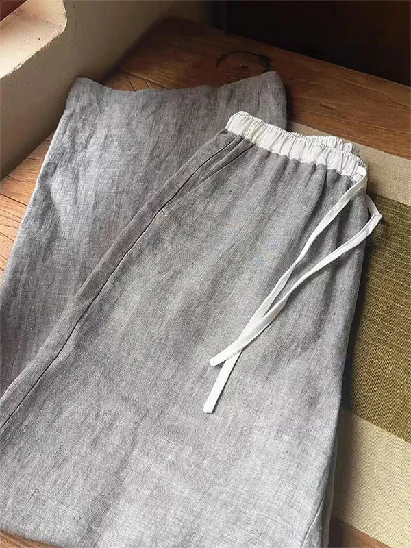 

Ретро льняные широкие брюки для женщин, свободные повседневные брюки с высокой талией, пэчворк, на шнурке, прямые штанины, лето 2025