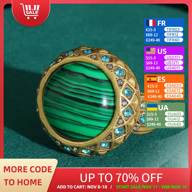 

Fashion Green Rings Vintage Natural Stone Circular Peacock Luxury Brands Jewelry Woman Antique Gold Color Wedding Accessories