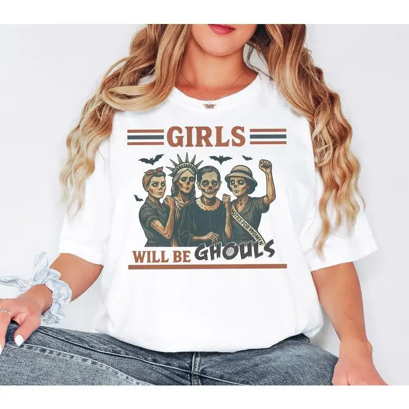 

Oversized "Girls Will Be Ghouls" T-shirt for Women Funny Gothic Skull Print Tee Spooky Halloween Costume Cotton Top