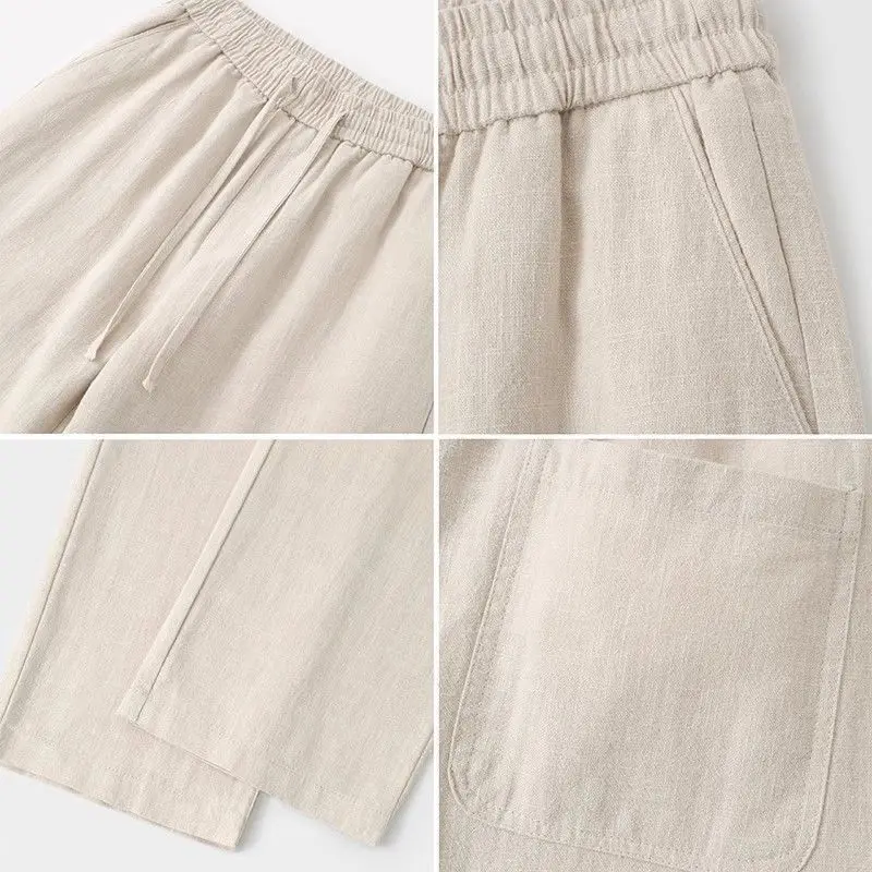 

Летние элитные льняные брюки, мужские хлопковые льняные свободные прямые тонкие повседневные брюки, удобные дышащие брюки с высокой талией