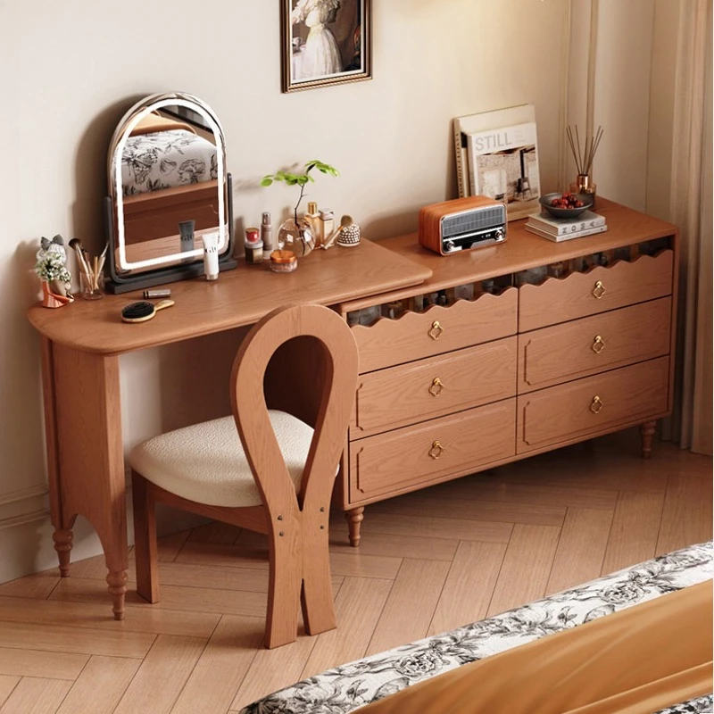 

Medieval style wood Makeup vanity integrated French vintage bed tail dressing table telescopic tocador maquillaje home furniture