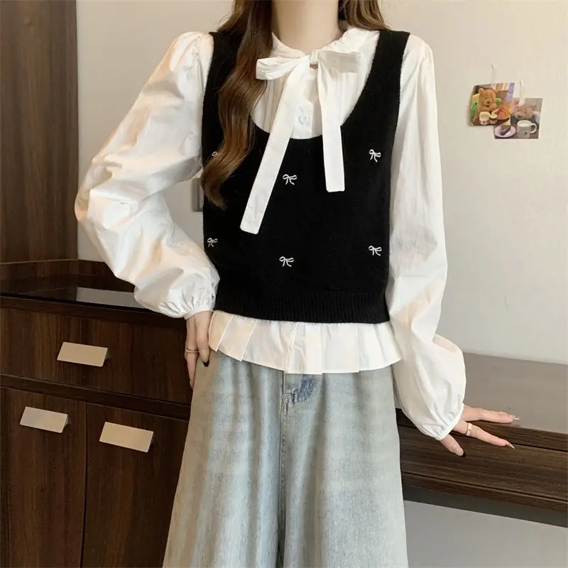 Bow Tie Tied Long Sleeved Shirt Embroidered Bow Tie Knitted Vest Layered Two-piece Set