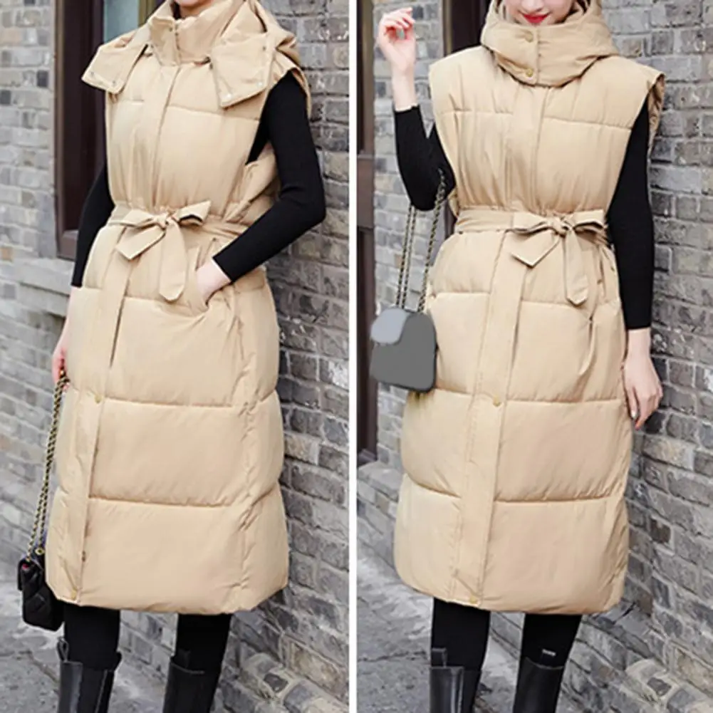 Autumn Winter Cotton Padded Vest Coat Women Long Down Waistcoat Windproof Hooded Warm Snow Waistcoat Outwear Шляпник 후드 조끼