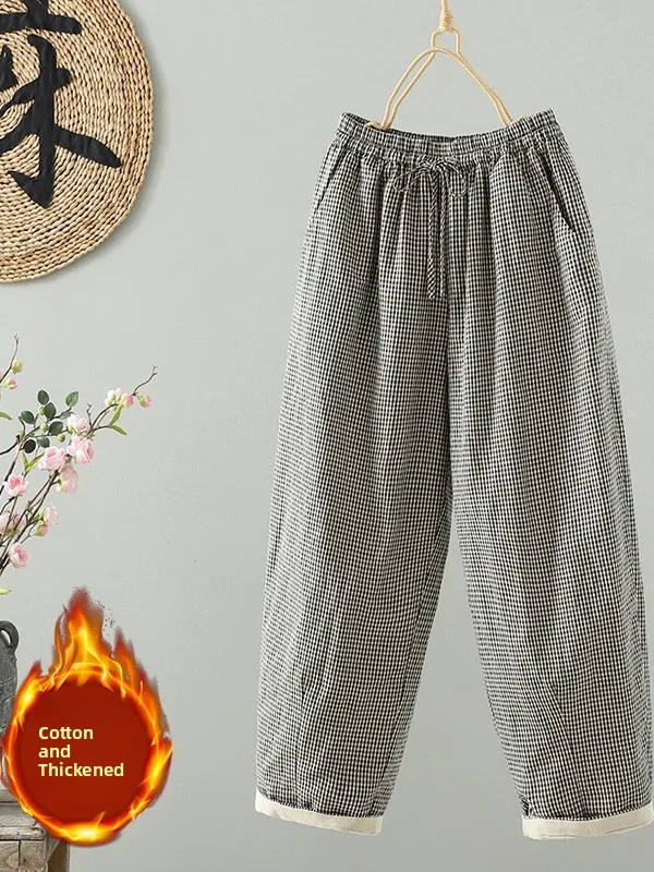 

Новые зимние большие размеры, женские свободные хлопковые льняные клетчатые широкие брюки, повседневные теплые брюки, удобные осенне-зимние моиные брюки