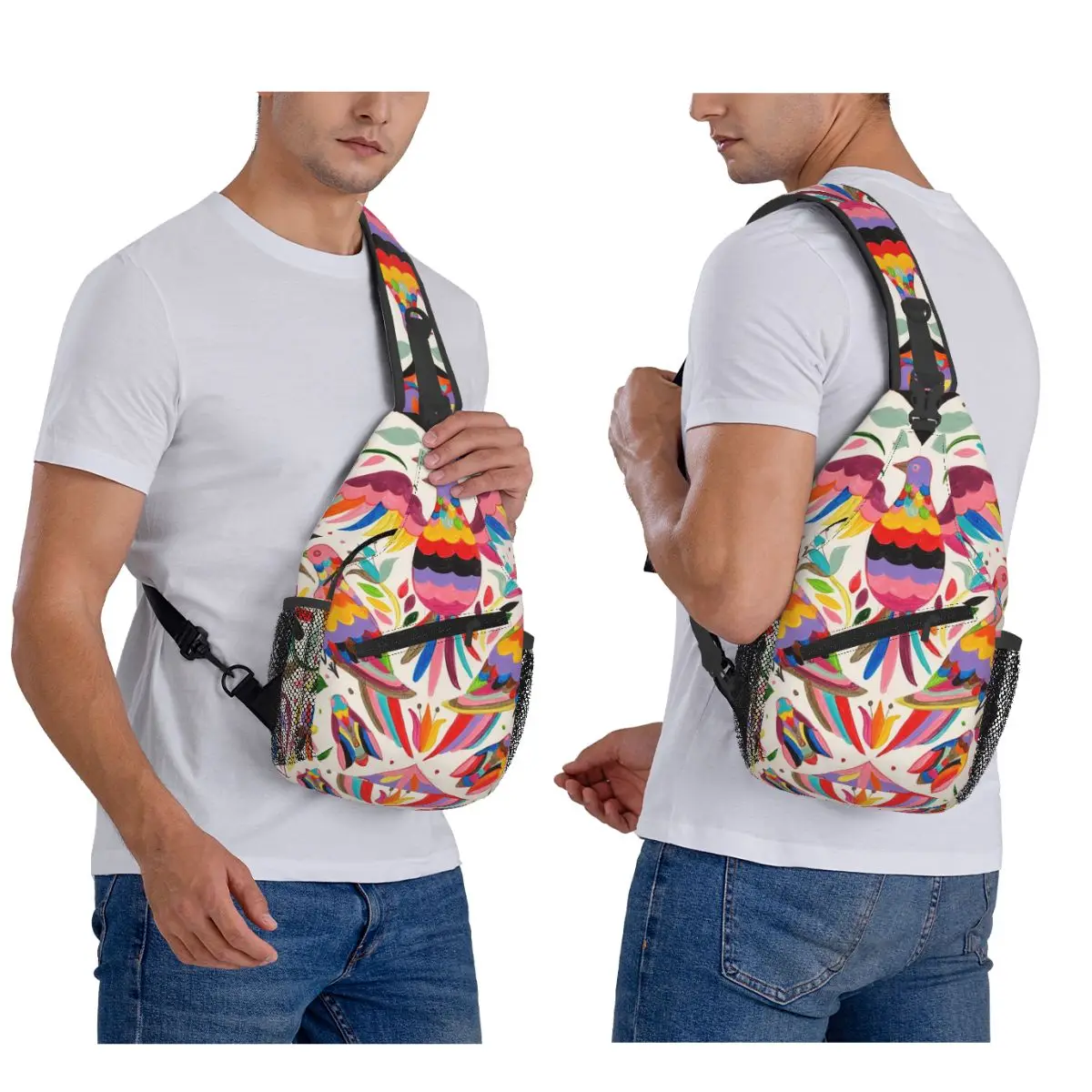 Mexican Otomi Birds Flowers Floral Mexico Chest Bag Men Sling Crossbody Backpack Chest Bag Traveling Hiking Daypack Shoulder Bag