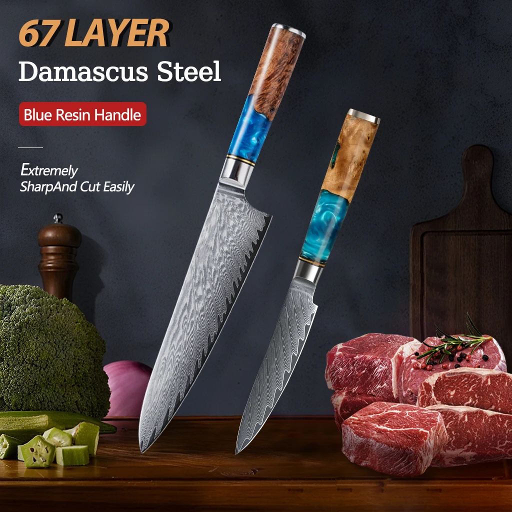

Набор кухонных ножей из дамасской стали, состоящий из 2 предметов, ножи шеф-повара, мясо, фрукты и овощи с синими ручками из смолы