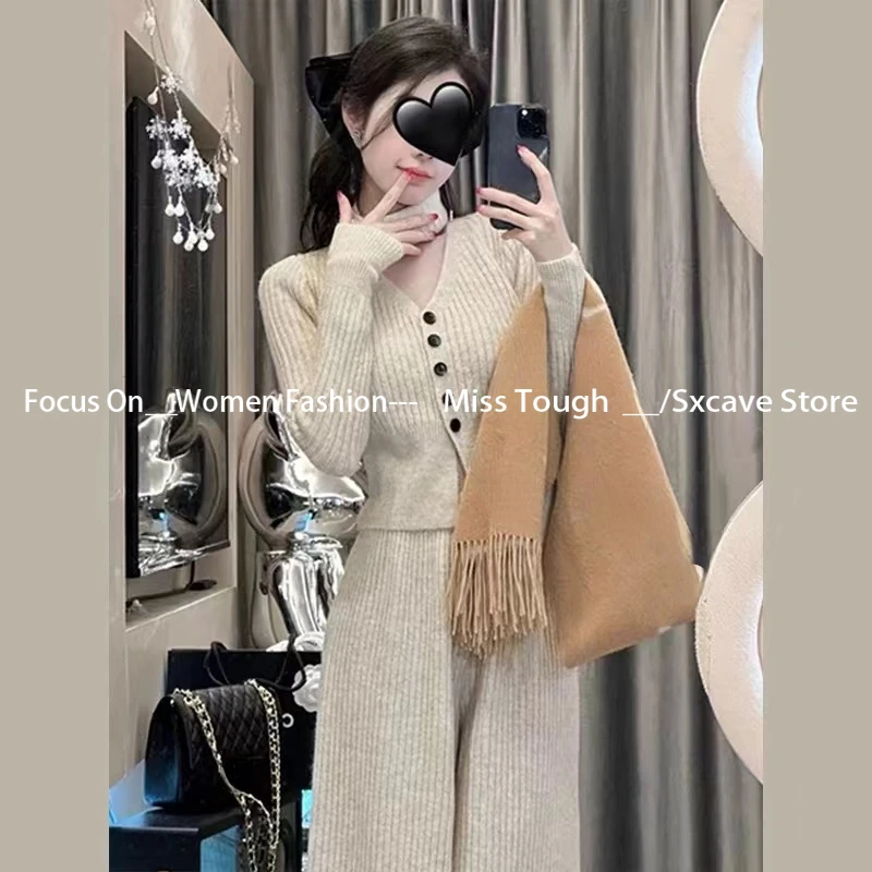 Autumn Vintage Knitted Pant Suits Women Korean Fashion Clothing Outwear Chic Elegant French 2 Piece Sets Even Party Office Lady