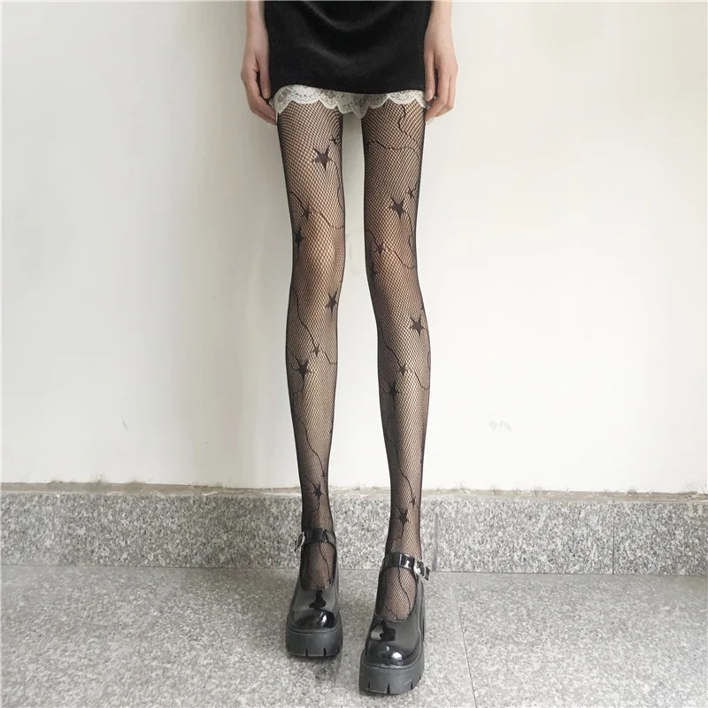 Five-pointed Star Fishing Net Stockings Women Thin Summer Black White Pantyhose Subnet Red JK Black Stockings Hook