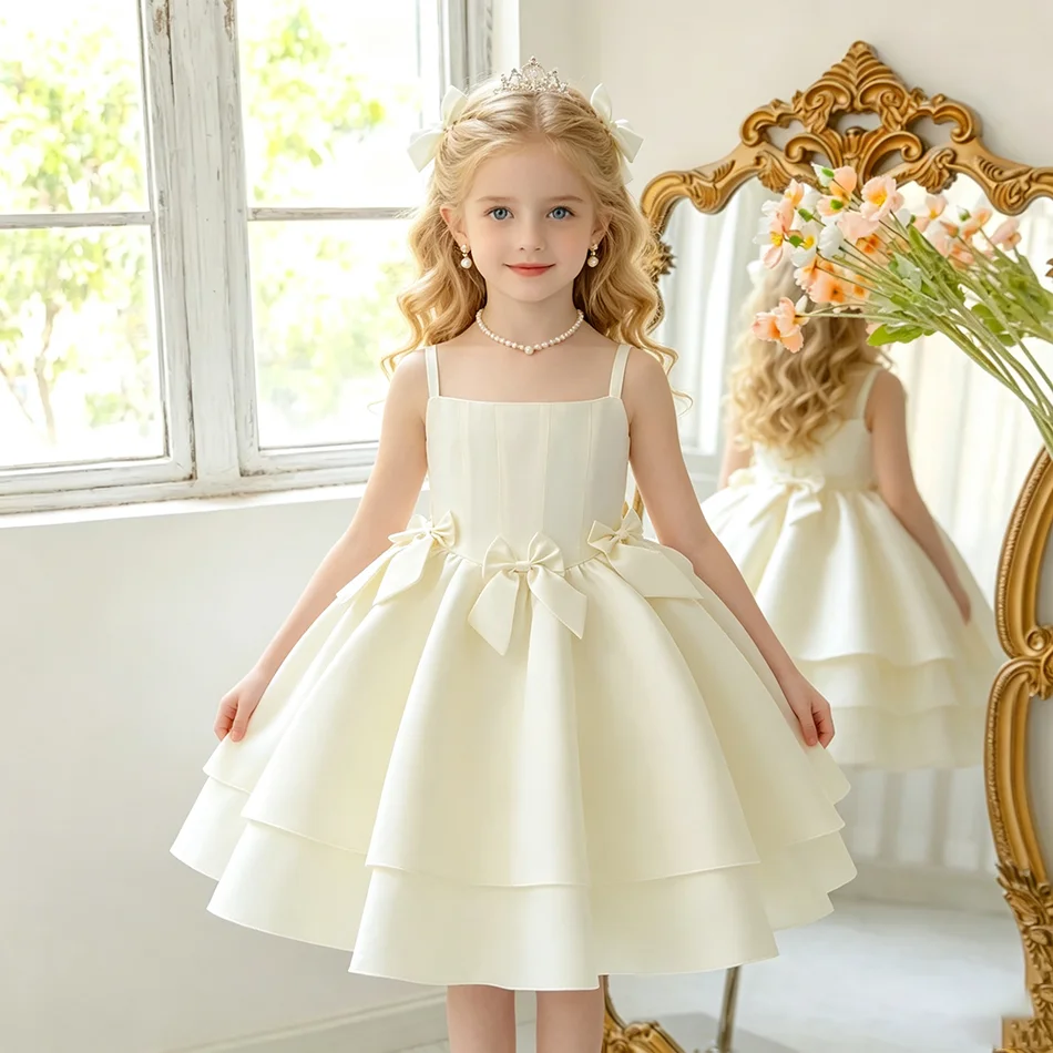 Girls Satin Formal Dress Thin Spaghetti Strap Multi Layer Skirt With Bows Toddler Kids Birthday Wedding Flower Girl Outfit ASQ03