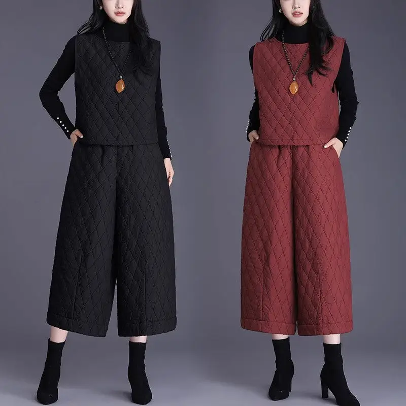 

Autumn Winter Down Cotton Two-Piece Set Women's Thickened Warm Loose Checkered Vest Medium Length Wide Leg Pants Outfits A639