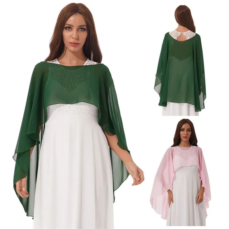 

Короткая передняя и длинная задняя шифоновая шаль с круглым вырезом для невесты, свадебная рубашка с защитой от солнца, шифоновая шаль