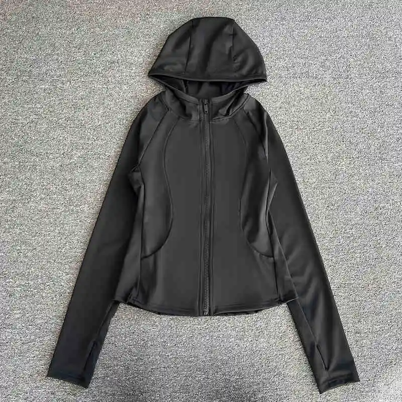 Women's yoga jacket with zipper; hooded running sportswear; long-sleeved yoga suit.