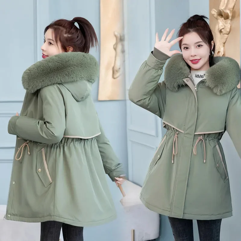 Women\'s Parker Medium Long Inner Detachable Hooded Coat 2024 New Cotton Jacket Thicken Winter Coat Female Warm Parkas Overcoat