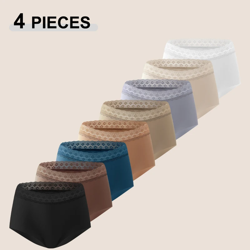 4 Stück/Set S-XXL Eisseide High-Waist-Höschen für Damen, nahtlose, einfarbige Slips mit Spitzenbund, unsichtbare Unterwäsche, Sommerunterwäsche