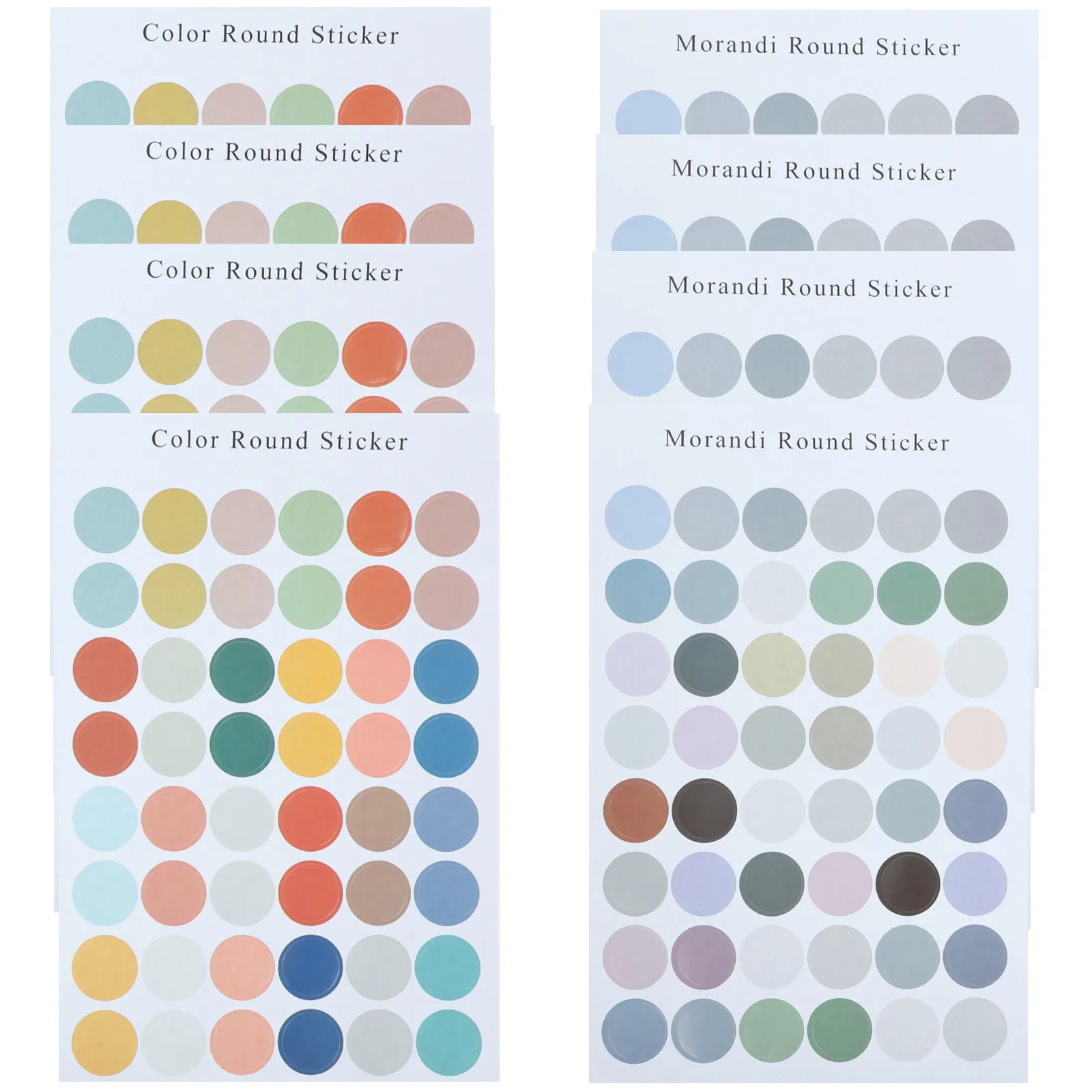 

8 листов цветных круглых наклеек ярких разнообразных оттенков, легко снимаемых, с надежным креплением на различных поверхностях для маркировки и сортировки.