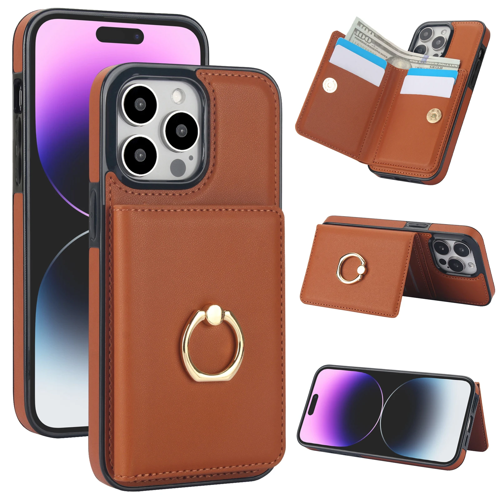 

Flip Wallet with Card Holder Phone Case for IPhone 13 12 15 14 11 Pro Max Plus Ring Leather Protective Cover