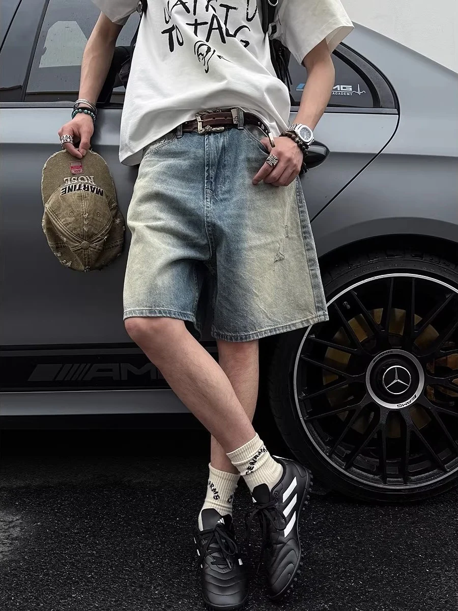 

Retro American Large Size Waed Denim orts Men Summer New Loose Straight Leg Five-Point Trendy Jeans Casual Wear Commute