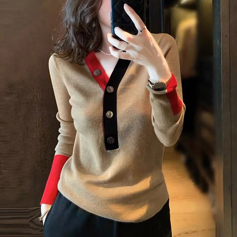 

Slim Fit V-Ne Knitwear Women's Wool Blend Pullover Color Blo Elastied Slimming Base Layer Autumn Winter New Arrival