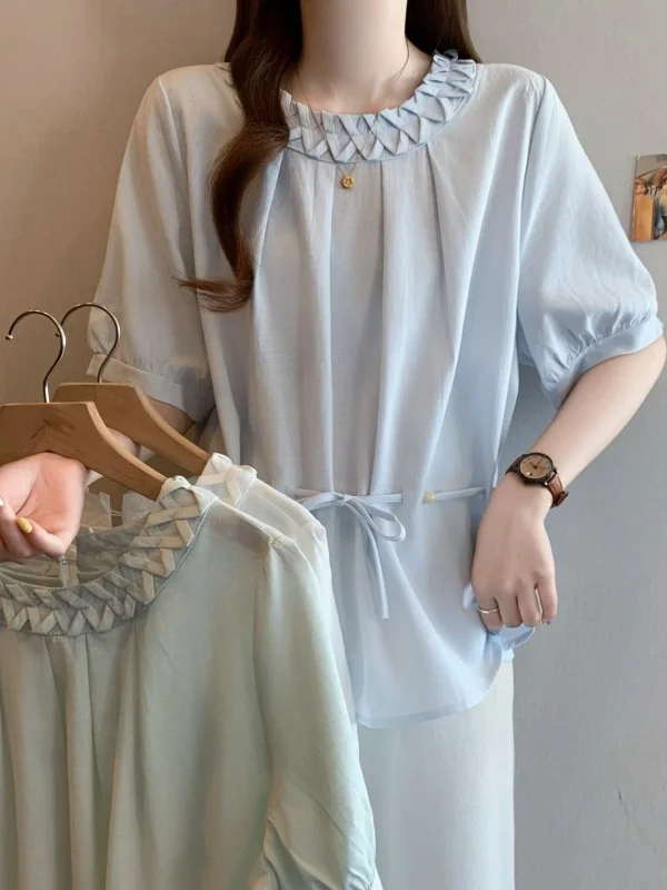 

Slimming Pure Color Belted Short Sleeve Shirt Women's Summer Fashion Korean Style plus Size Versatile Top Breathable Skin-Fri...