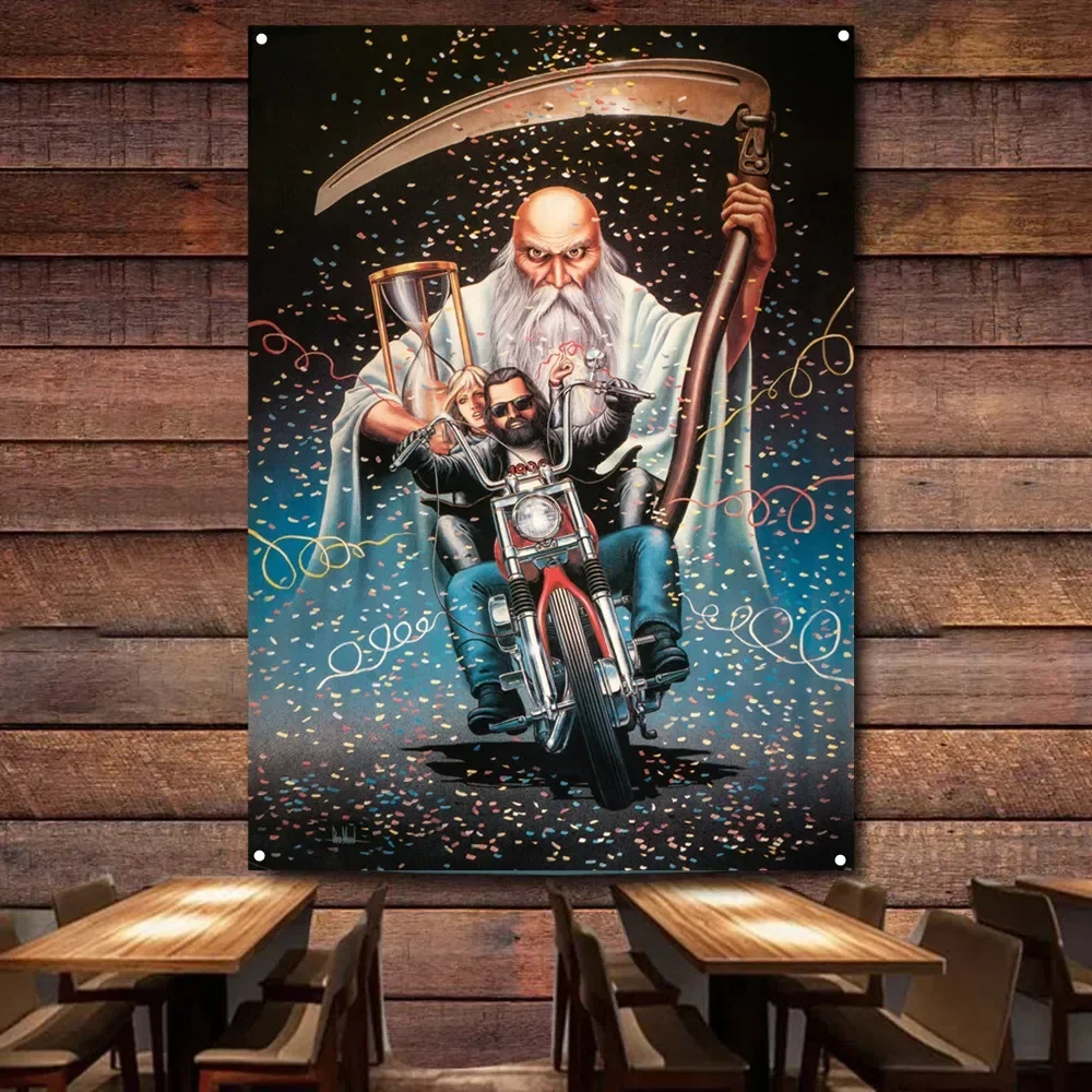 Grim Reaper Motorcycle Flag Banner Mural Retro Wall Decor Poster Car Painting For Garage Man Cave Bar Club Pub Gift for Cyclists