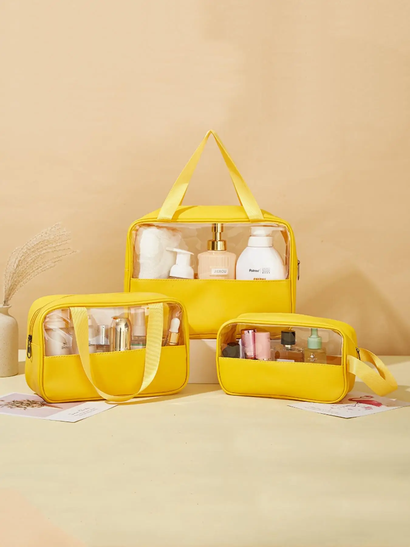 1/3-Piece Set of Waterproof Pu Leather Transparent Women's Cosmetic Bag, Large-Capacity Portable Toiletry Bag for Travel, Outdoor Vacations, Business Trips, Portable Waterproof Toiletry Bag with Stitched Cosmetic Storage Bag, Suitable for Daily Storage and Organization of Makeup Products and Toiletries