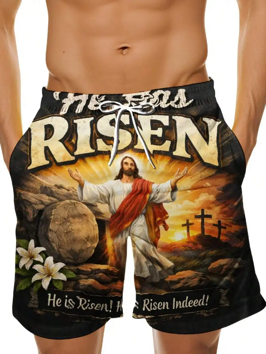 

Jesus Risen Easter Religious Swim Trunks Christian Faith Beach Shorts Men Summer Wear