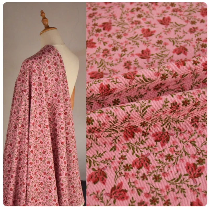 

Sweet Dark Pink Little Flower Print Corduroy Fabric For Autumn Winter Dress Pants Coat Face Shoe Surface Handmade Cloth, T2391