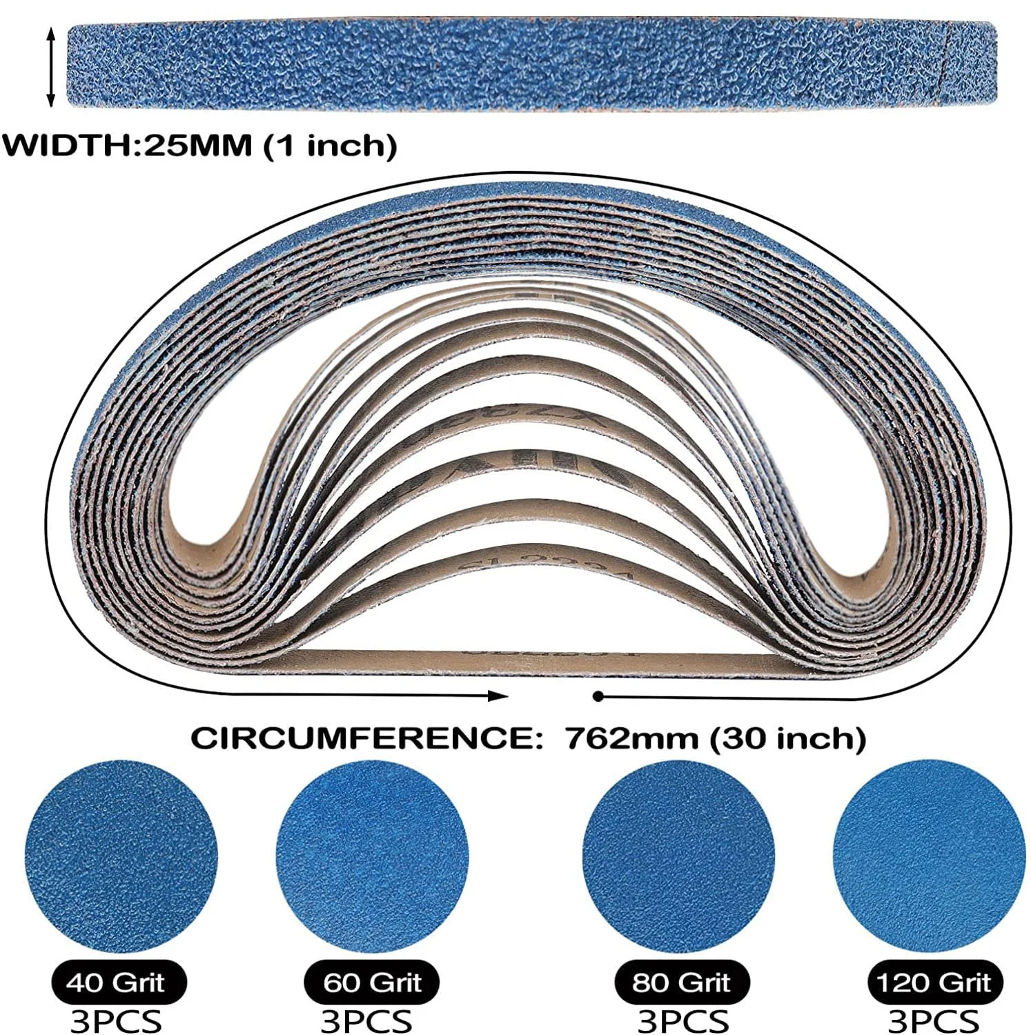 Cinturones de lijado de circonita de 1x30 pulgadas para lijadoras de correa, grano surtido de 40 60 80 120, cinturones de lijado de 762x25mm para