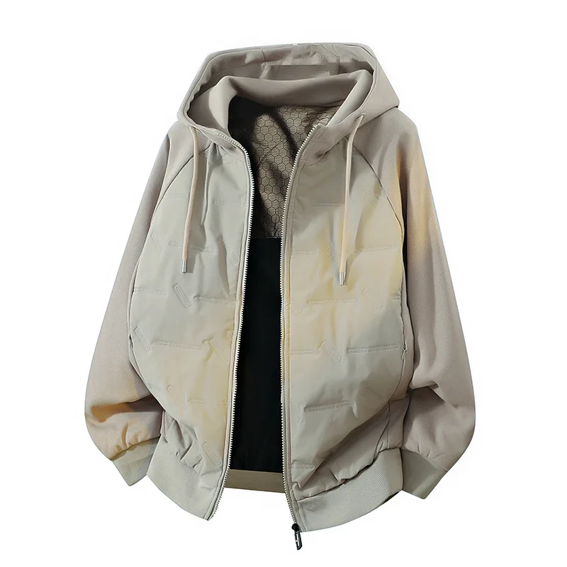 Men Down Jacket Autumn Winter Fashion Contrast Color Patchwork Male Hooded Coat Thicken Long Sleeve Solid Color Man Outerwear